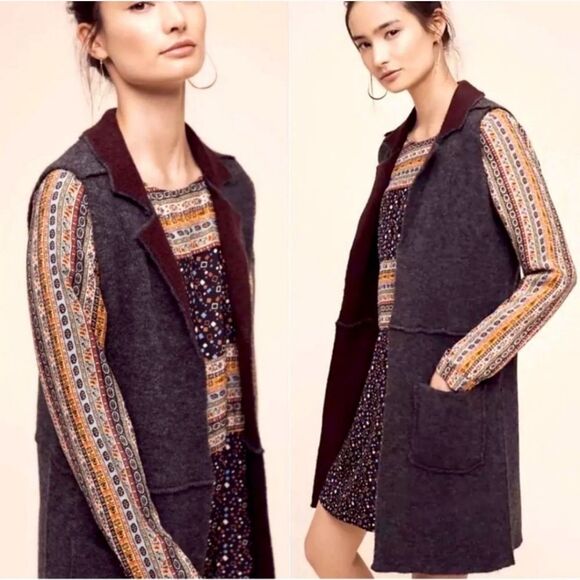 Anthropologie Moth Morris wool blend open front duster sleeveless sweater vest - Picture 3 of 11